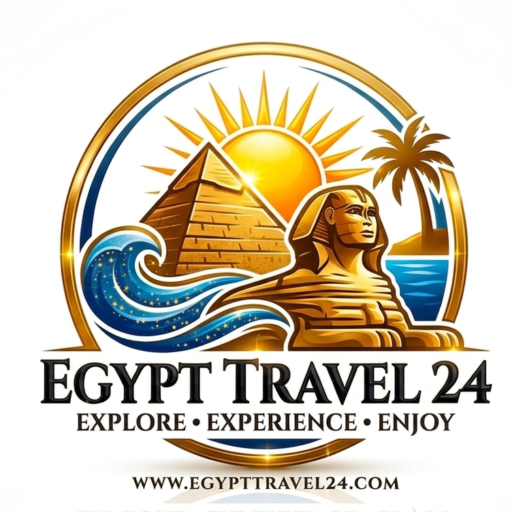 Egypt Travel 24 logo with golden pyramid, Sphinx, sun over Nile waves, palm tree, and bold “EGYPT TRAVEL 24” text on blue and gold badge