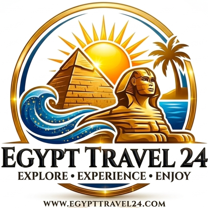 Logo featuring a golden circular frame with a sun, pyramids, the Sphinx, a palm tree, and a blue wave, representing Egypt Travel 24 branding and travel imagery.